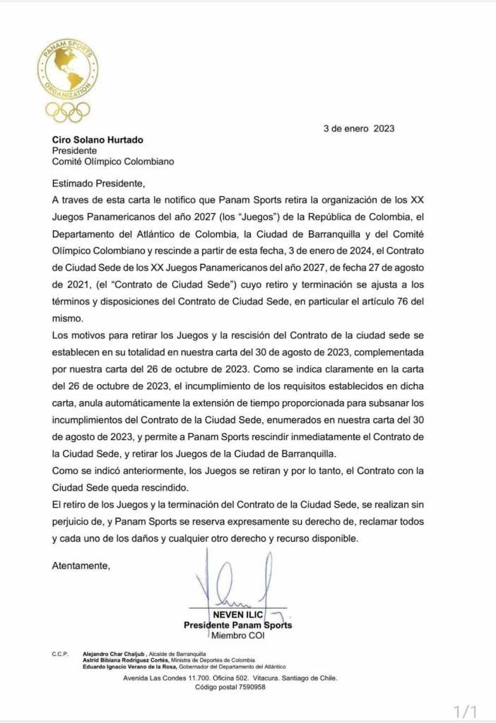 Juegos Panamericanos de 2027 no se jugarán en Colombia.