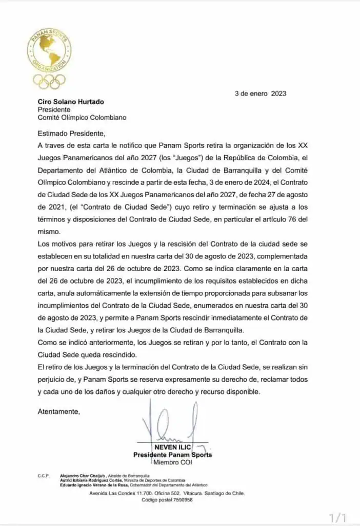 Colombia no será sede de los Juegos Panamericanos 2027: esta es la razón por la que se canceló el contrato Juegos Panamericanos de 2027 no se jugarán en Colombia.
