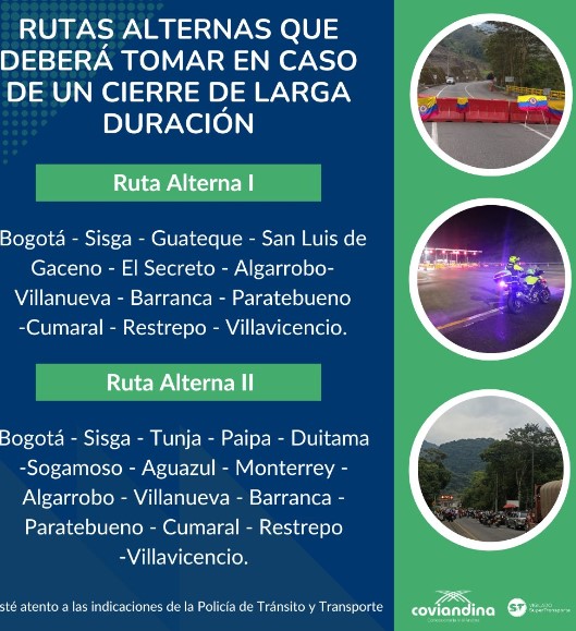 Rutas alternas por cierre de vía que conecta a Bogotá con Villavicencio.