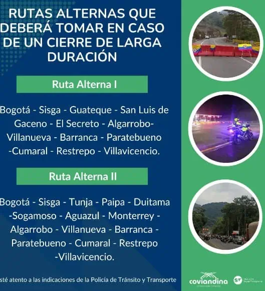 Cerrado el paso en la vía que conecta a Bogotá con Villavicencio por protestas Rutas alternas por cierre de vía que conecta a Bogotá con Villavicencio.
