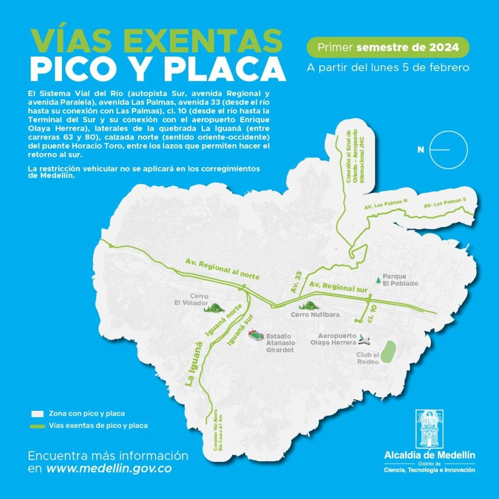 Vías exentas pico y placa Medellín 2024