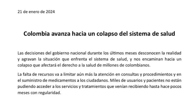 Exministros alertan por posible “colapso” del sistema de salud en el gobierno Petro Carta exministros de salud alertan por sistema de salud con el gobierno de Gustavo Petro