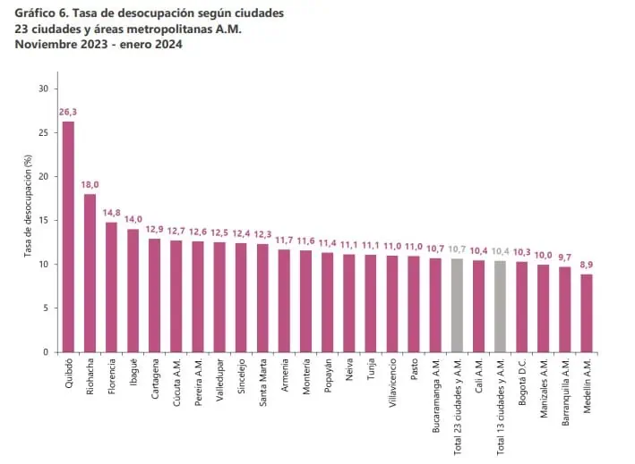 Estos segmentos generaron más empleo en Colombia en enero del 2024 Ciudades con menos empleo en Colombia