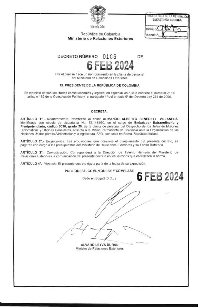 Quejas por nombramiento de Benedetti como embajador de Colombia ante la FAO: no tiene experiencia ni es bilingüe Decreto nombramiento de Benedetti