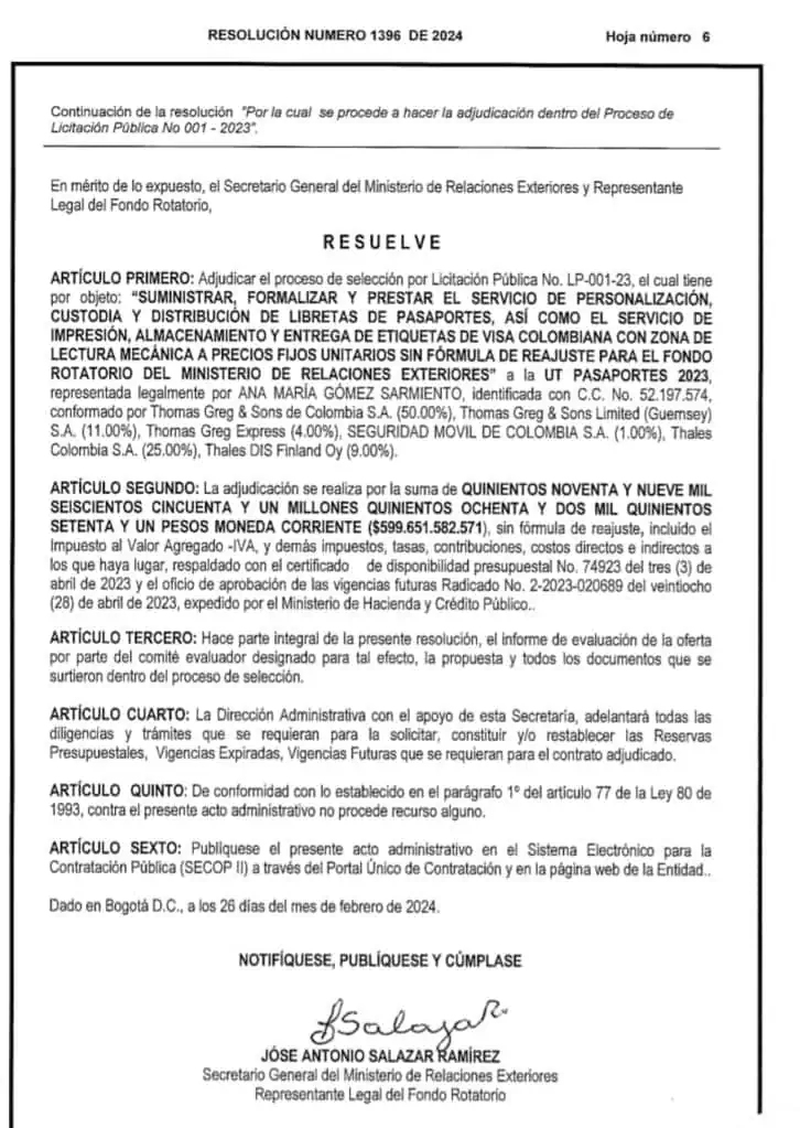 Thomas Greg & Sons asegura contrato de pasaportes en Colombia Resolución de pasaportes