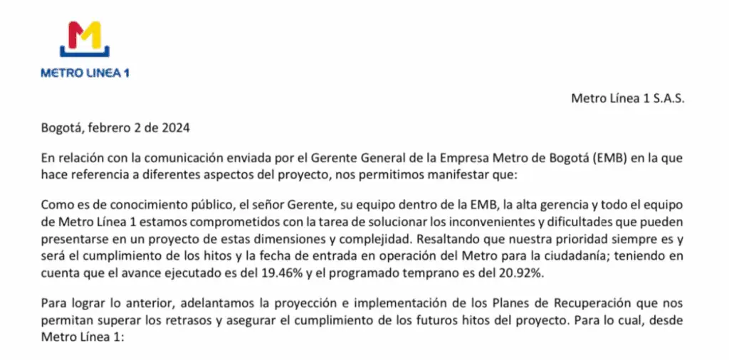 Metro de Bogotá: contratista responde por retrasos en el megaproyecto Metro Línea 1 responde retrasos del metro