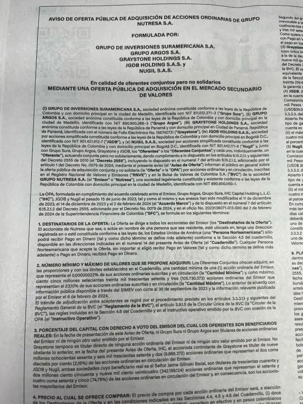 Negocio GEA - Gilinski: publicado aviso de la última OPA por Nutresa Aviso de OPA