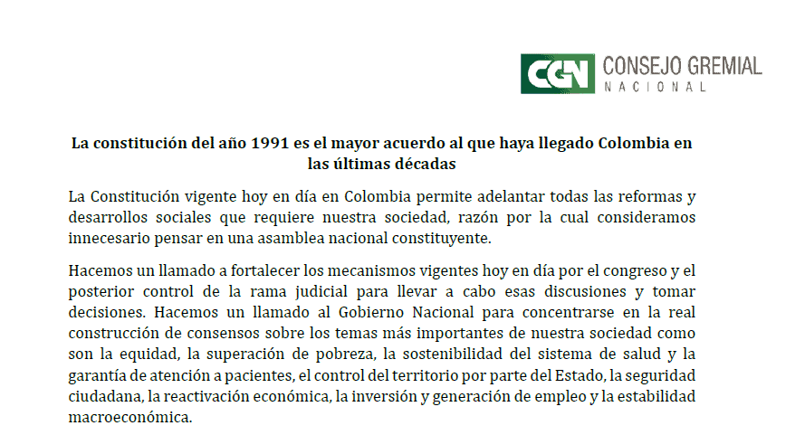 Consejo Gremial no apoya Constituyente de Petro y le pide construir consensos Comunicado Consejo Gremial sobre Constituyente de Petro