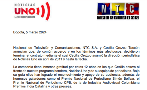 Este es el comunicado de Noticias Uno por la salida de Cecilia Orozco.