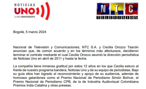 Cecilia Orozco Tascón deja dirección de Noticias Uno tras 13 años Este es el comunicado de Noticias Uno por la salida de Cecilia Orozco.