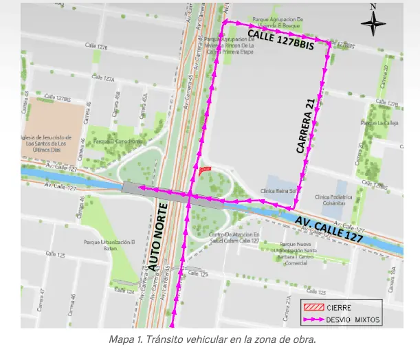 Ojo: hay cierre total de la oreja de la Autopista Norte con calle 127 en Bogotá Desvio por el cierre de la Autopista Norte con cll 127.