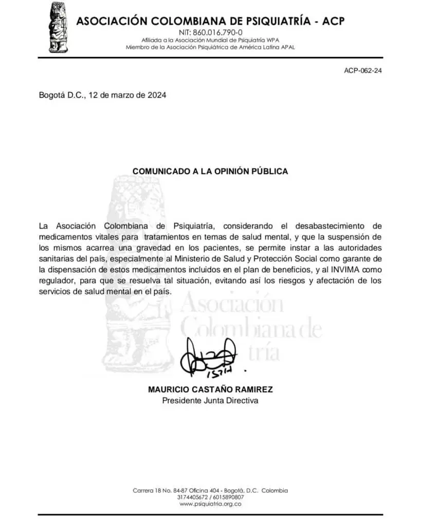 Hay alerta en Colombia por escasez de medicamentos psiquiátricos Alerta de la Asociación Colombiana de Psiquiatría.