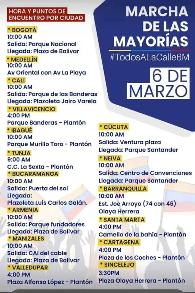 Oposición a Petro se prepara para marchar este miércoles, 6 de marzo marcha oposición 6 de marzo