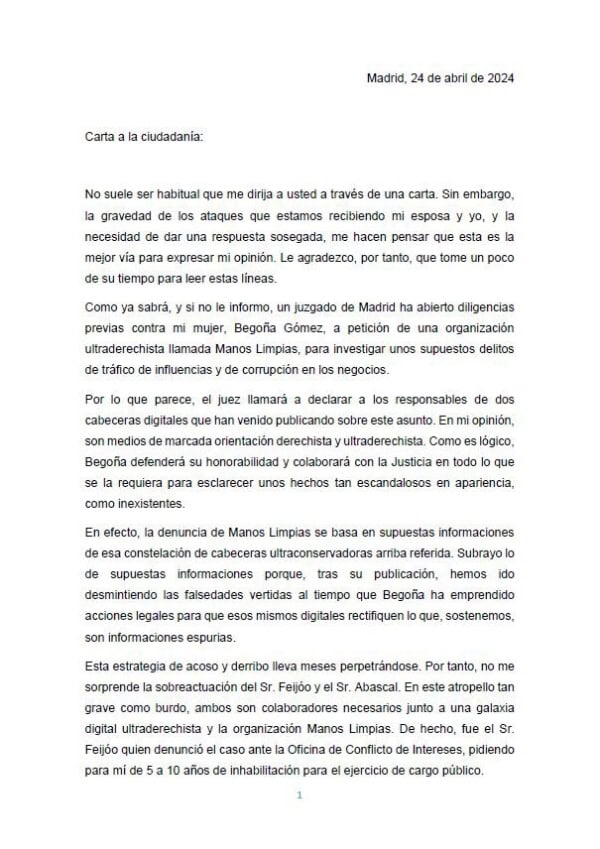 Carta de Pedro Sánchez