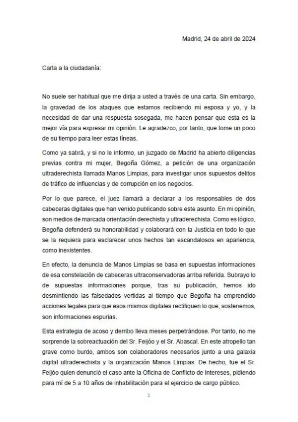 Pedro Sanchez, presidente de España, evalúa su renuncia Carta de Pedro Sánchez