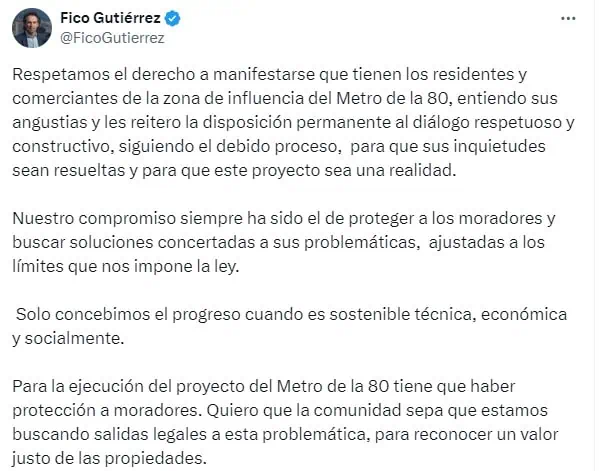‘Fico’ Gutiérrez dice que se “reconocerá valor justo” a propiedades en construcción del Metro de la 80 Fico Gutiérrez habla del Metro de la 80 en Medellín