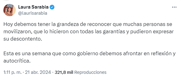 Laura Sarabia sobre marchas: “Debemos reconocer que muchas personas se movilizaron”