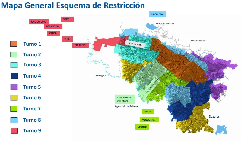 Racionamiento de agua en Bogotá: estas son las zonas y horarios de los recortes Mapa de restricción de agua