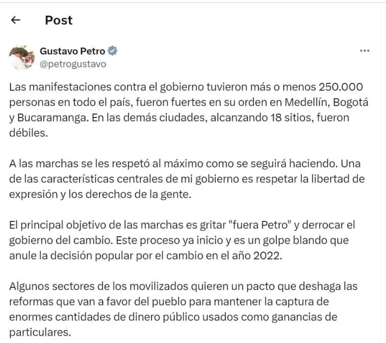 ¿Cuántas personas manifestaron contra Petro?: Datos muestran grandes diferencias Balance del presidente Gustavo Petro a marchas