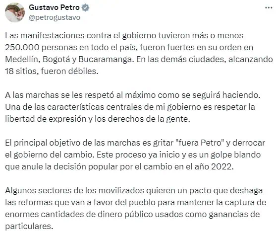 Petro tras marchas en su contra: El objetivo es “derrocar el gobierno del cambio” Presidente Petro habla de las marchas en su contra