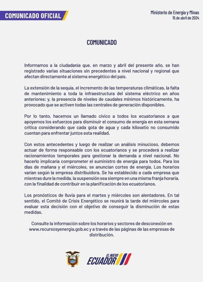 Ecuador se va a racionamiento de energía tras anuncio de Colombia de no enviarle más energía Racionamiento de energía en Ecuador