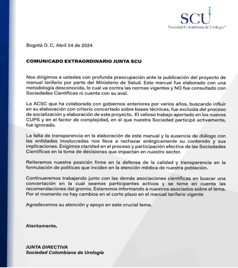Ministro de Salud de Colombia admite que hubo un “error grave” con el manual tarifario Carta de Sociedades de Cientificos por manual tarifario