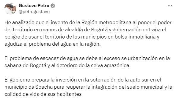 Proyecto de Petro de soterrar la Autosur de Bogotá sería inviable, dice alcalde de Soacha Trino Petro sobre Soacha