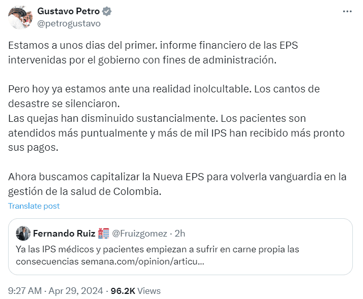 Petro anuncia capitalización de Nueva EPS y dice que hay mejoras en las intervenidas Trino de Gustavo Petro sobre el futuro de la Nueva EPS