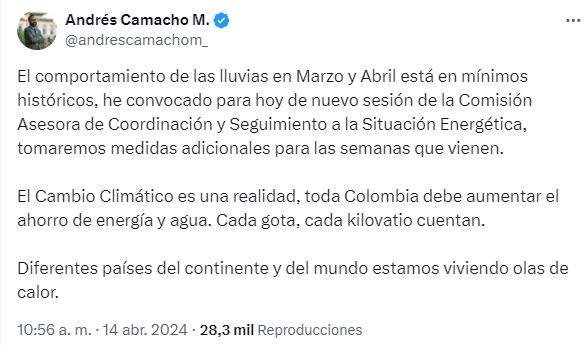 Trino en la cuenta de X de Omar Andrés Camacho, ministro de Minas y Energía de Colombia