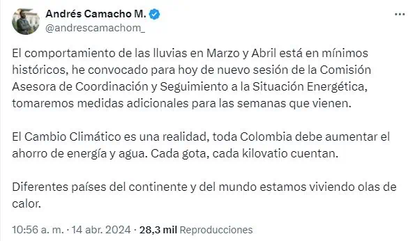 Gobierno Petro tomará más medidas por nivel de embalses: ¿Habrá racionamiento de energía? Trino en la cuenta de X de Omar Andrés Camacho, ministro de Minas y Energía de Colombia