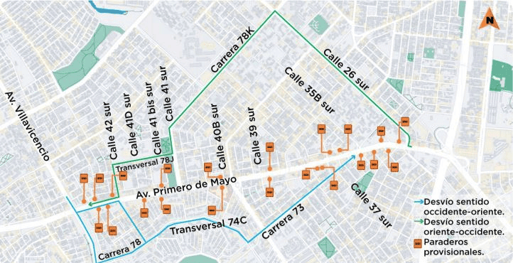 Desvíos para particulares en la Av. Primera de Mayo por obras del viaducto del metro. Imagen: Alcaldía de Bogotá.