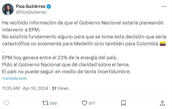 Atención | Gobierno Petro intervendría EPM, según alerta Fico Gutiérrez, alcalde de Medellín intervención EPM