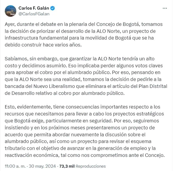 Impuesto a alumbrado público se cae del Plan de Desarrollo de Galán; ALO Norte sí va ALO Norte y alumbrado público