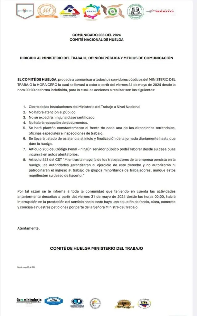 Arrancó la huelga indefinida del Ministerio de Trabajo: estas son las exigencias Anuncio de la huelga de los funcionarios del Ministerio del Trabajo de Colombia