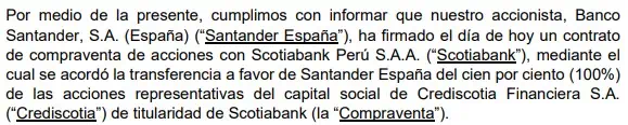 Scotiabank Perú vende su financiera de créditos a Banco Santander Banco Santander Crediscotia Financiera