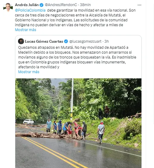 Bloqueos indígenas en corredor Medellín-Urabá vuelven: gobernador de Antioquia exige acciones inmediatas Bloqueos Urabá
