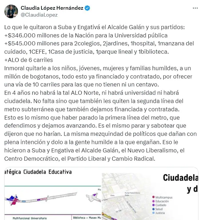 Claudia López y el alcalde Galán chocan por el futuro de la ALO Norte Críticas de Claudia López a la ALO Norte