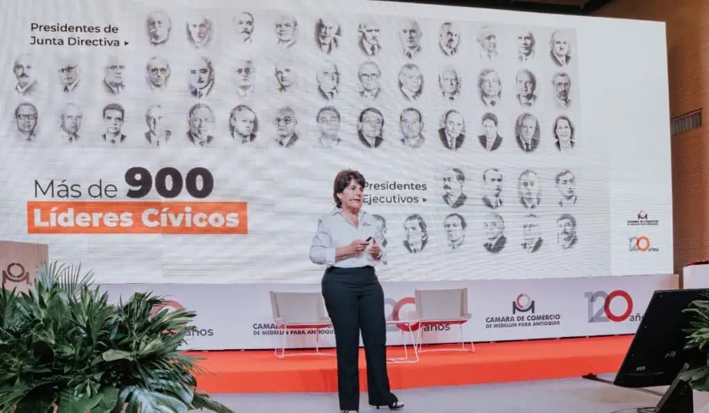 Confianza y futuro, claves de la Cámara de Comercio de Medellín para Antioquia tras 120 años de historia Lina Vélez de Nicholls, presidente de la Cámara de Comercio de Medellín para Antioquia.
