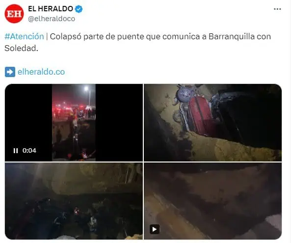 Colapsó puente en la vía entre Barranquilla y Soledad: Hay cuatro fallecidos Imágenes del colapso del puente en la vía a Barranquilla