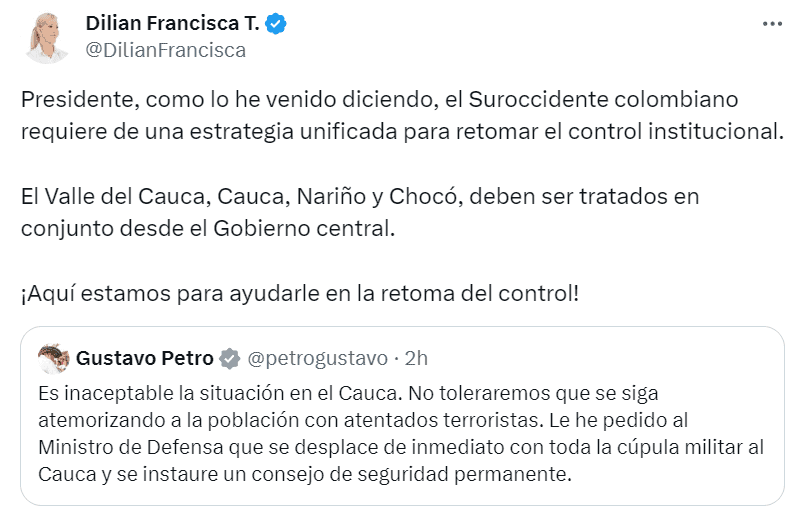 Presidente Petro ordena el traslado de toda la cúpula militar al Cauca por situación de orden público Intervención Dilian Francisca
