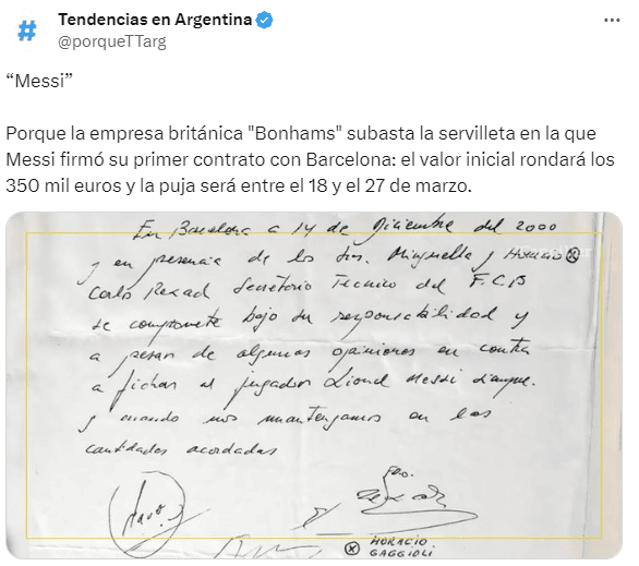 La servilleta de Messi y el Barcelona que será subastada