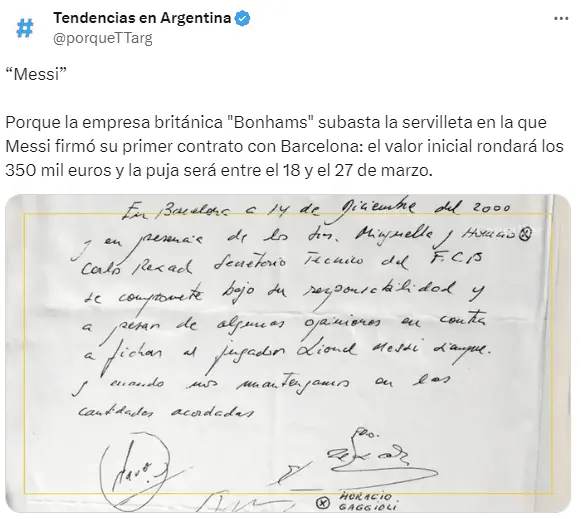 En subasta la servilleta con el primer contrato de Lionel Messi y el Barcelona: Este es el precio a pagar La servilleta de Messi y el Barcelona que será subastada