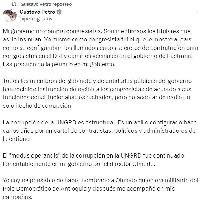 Petro niega haber comprado congresistar para apoyar reformas