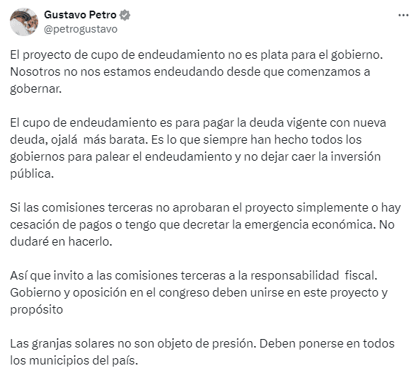 Petro podría decretar nueva emergencia económica en Colombia: esta es la razón Post Petro en X de cupo de endeudamiento