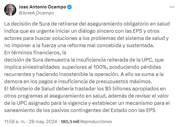 Exministro Ocampo culpa al gobierno Petro por retiro de EPS Sura del sistema de salud Ocampo hablo de EPS Sura