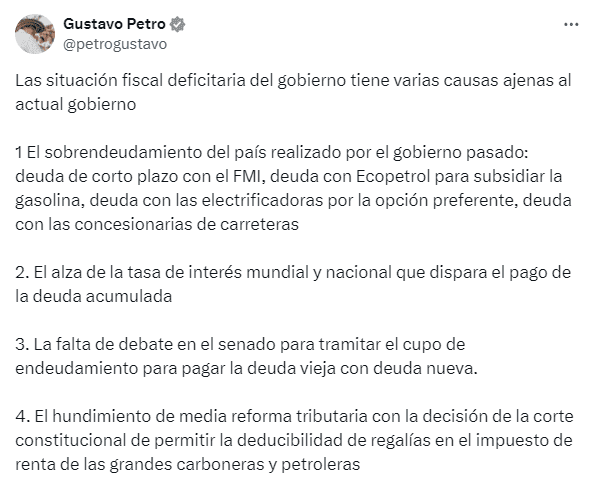 Petro reconoce situación fiscal “deficitaria” del Gobierno, pero culpa a otros Petro habla de situación fiscal deficitaria