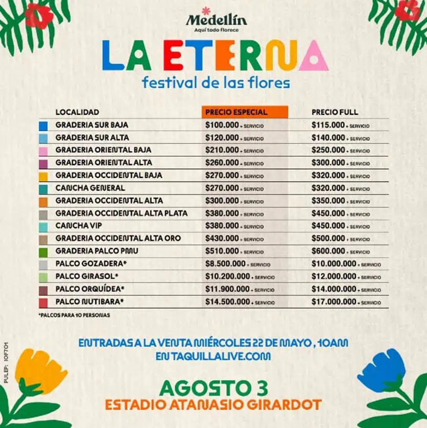 Estos son los precios para asistir al Festival de las Flores en Medellín Precios para ir al Festival de las Flores.