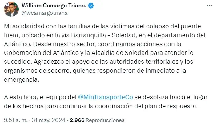 ¿Qué pasó con caída del puente en la vía a Barranquilla?: Gobierno Petro se pronuncia Pronunciamiento del ministro de Transporte