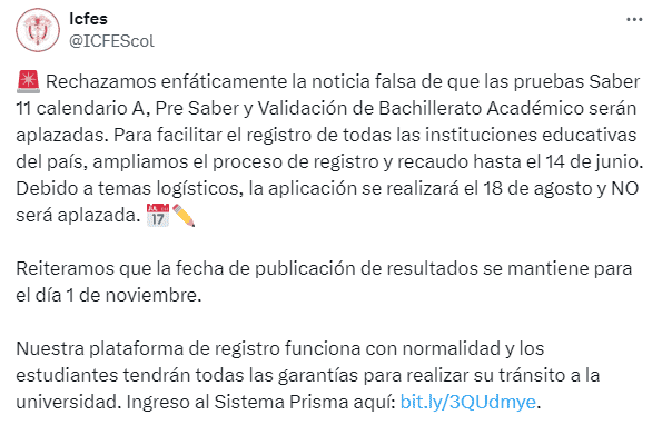 Icfes rechaza desinformación sobre Pruebas Saber 11.