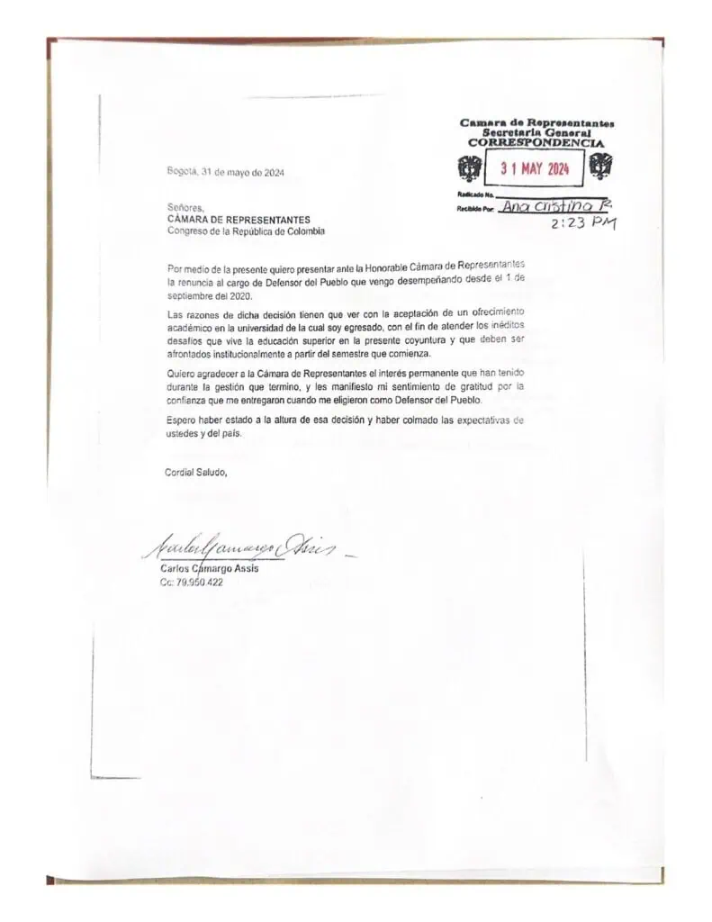 La razón por la que Carlos Camargo renunció a su cargo como defensor del Pueblo Renuncia de Carlos Camargo